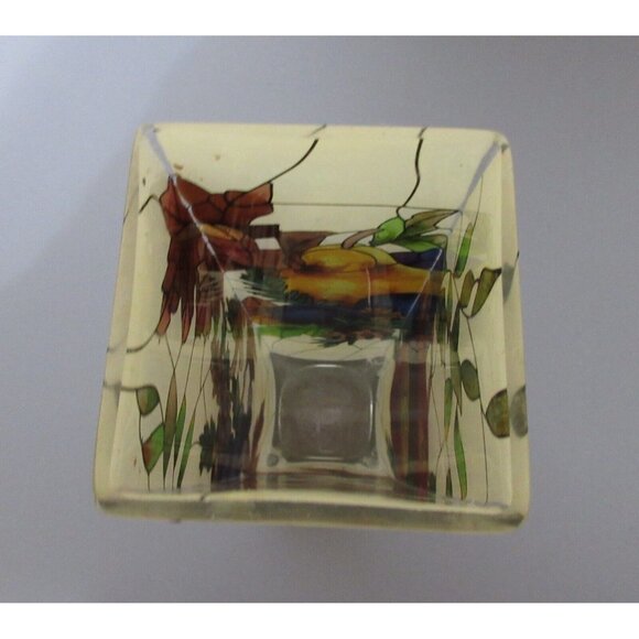 Joan Baker Hand Painted Stained Glass Vase Fruits Autumn Leaves Apx 10” x 3” x3" - Picture 7 of 10